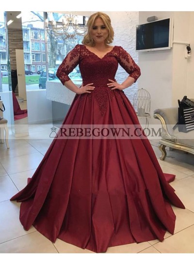 Cheap Burgundy Long Sleeves V Neck Lace Up Back Ball Gown Satin Prom Dresses