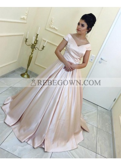 Simple Off Shoulder Plain Pearl Pink Satin Long Ball Gown Prom Dresses