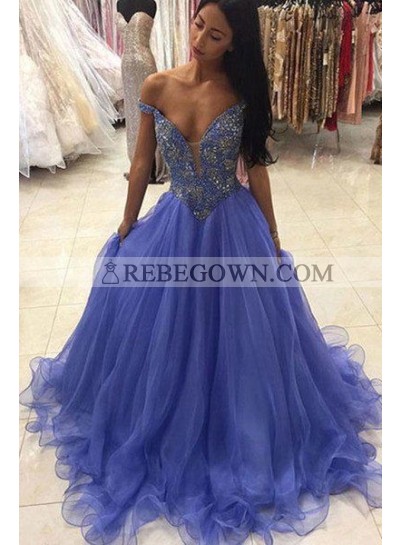 Organza Blue Off Shoulder Sweetheart Beaded Ball Gown Prom Dresses