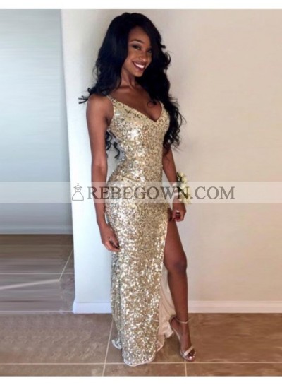 Sexy Champagne Sequence Side Slit V Neck Sheath Black Women's Prom Dresses