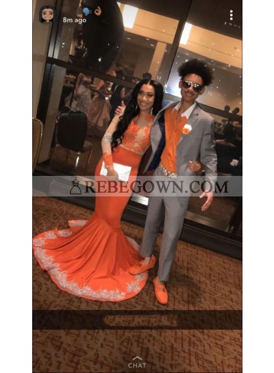 Orange Mermaid  See Through Long Sleeves With Appliques Black Women's Prom Dresses