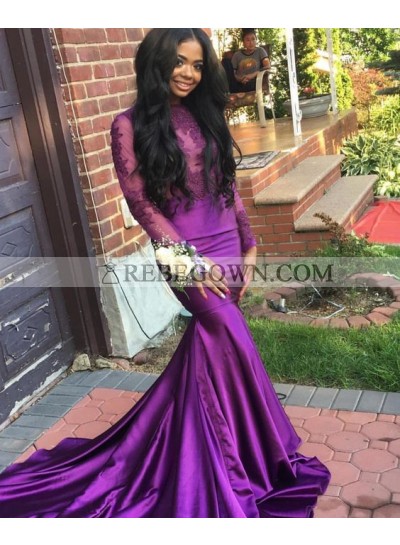 Amazing Mermaid  Purple Long Sleeves Elastic Satin With Appliques Black Women's Long Prom Dresses