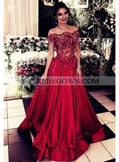 Elegant A Line Satin Red Off Shoulder Prom Dresses With Appliques