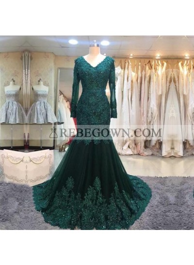Mermaid  Hunter Long Sleeves Tulle With Appliques V Neck Long Prom Dresses