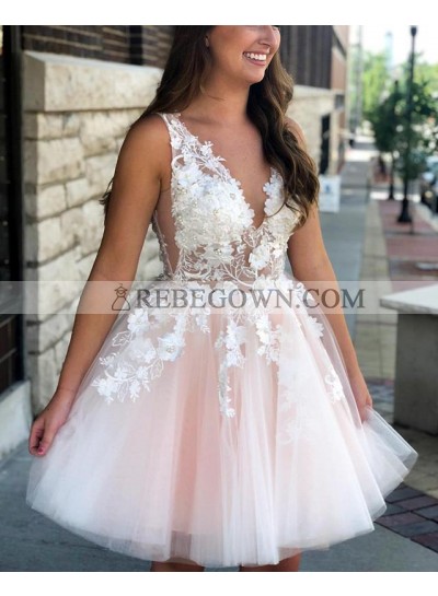 Cute A Line Deep V Neck Beaded Tulle Knee Length Short Prom Dresses With Appliques 