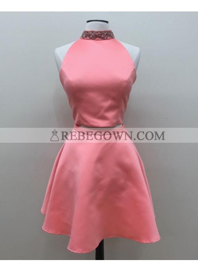 Cute A Line Two Pieces Knee Length Beaded Satin Short Prom Dresses