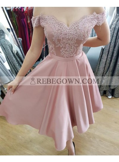 Cheap A Line Tea Length Satin Off Shoulder Satin Dusty Rose Sweetheart Prom Dresses