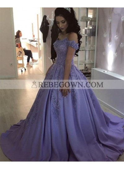 New Arrival Satin Off Shoulder Lavender Long Ball Gown Prom Dresses With Appliques