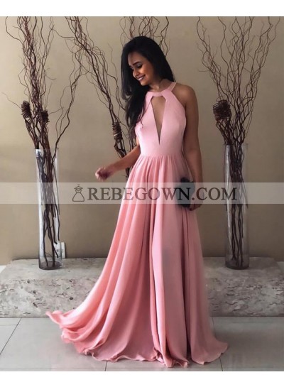 Elegant A Line Chiffon Pink Floor Length Key Hole Prom Dresses