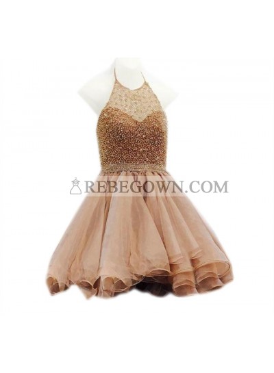 A Line Gold Knee Length Halter Beaded Short Organza Backless Prom Dresses