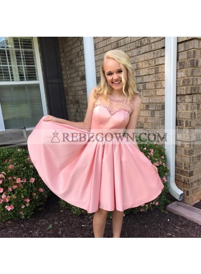 Cute A Line Satin Backless Pink Knee Length Beaded Short Prom Dresses
