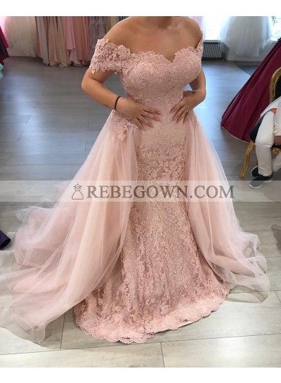 Charming Sheath Off Shoulder Sweetheart Lace With Tulle Shawl Sweetheart Long Prom Dresses