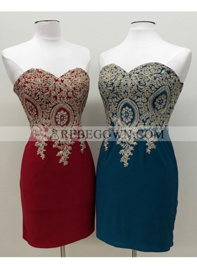 2023 New Arrival Sweetheart Knee Length Sheath Short Prom Dresses With Appliques 