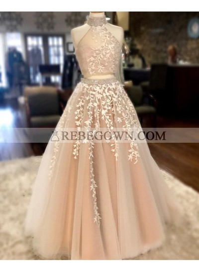2023 New Arrival A Line Floor Length Tulle Champagne Two Pieces Long High Neck Prom Dresses