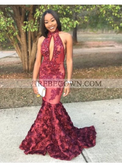 Sexy Red African American Red Mermaid  Key Hole Rose Backless Black Women's Long Prom Dresses