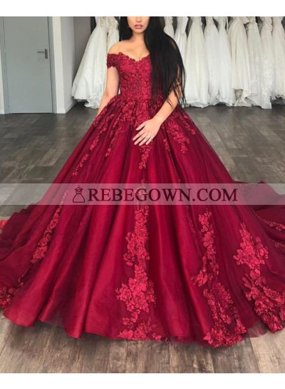 Long Burgundy Off Shoulder Sweetheart Lace Ball Gown Prom Dresses