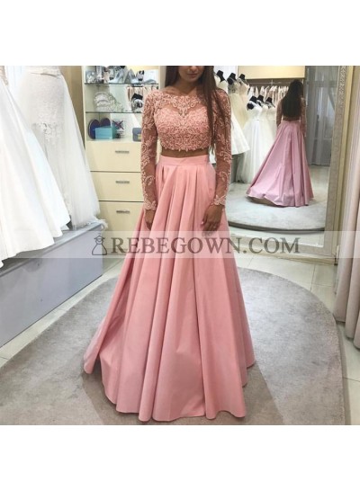 New Arrival A Line Satin Two Pieces Long Sleeves Long Pink Prom Dresses