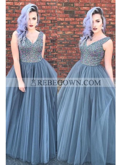 V Neck Gray Tulle Ball Gown Floor Length Beaded Prom Dresses