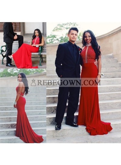 Charming Red Sheath Beaded Backless Long Prom Dresses 2023