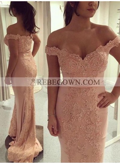 Sexy Off Shoulder Pink Sweetheart lace Sheath Long Prom Dresses 2023 