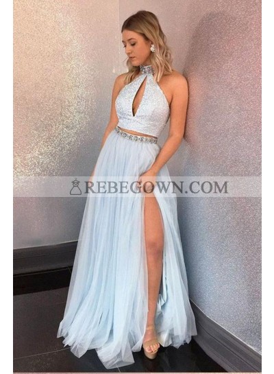2023 New Arrival A Line Tulle Floor Length Two Pieces High Neck Light Sky Blue Prom Dresses