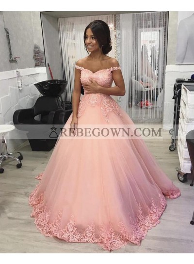 Pink Off Shoulder Sweetheart Tulle Ball Gown Prom Dresses With Applique
