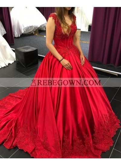 2023 New Arrival Red Satin Long Train Sweetheart Capped Sleeves Ball Gown Prom Dresses