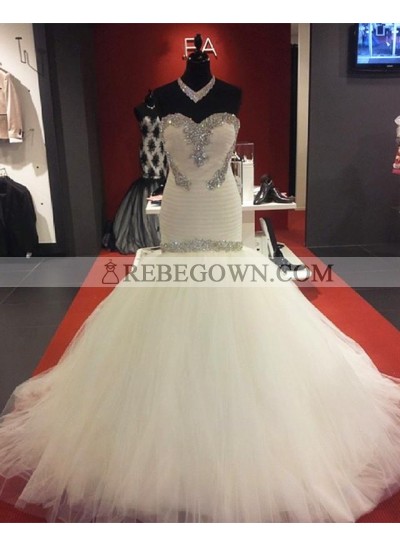 New Designer Ivory Sweetheart Tulle Beaded Long Mermaid  Wedding Dresses