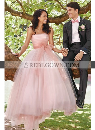 2023 Cute Tulle A Line Strapless Pink Wedding Dresses With Bowknot Belt
