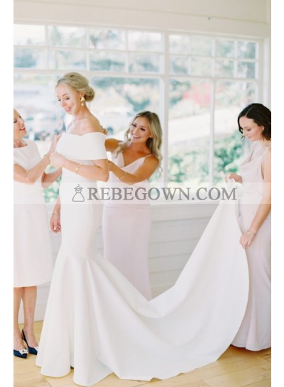 2023 Charming Sheath White Off Shoulder Satin Long Beach Wedding Dresses