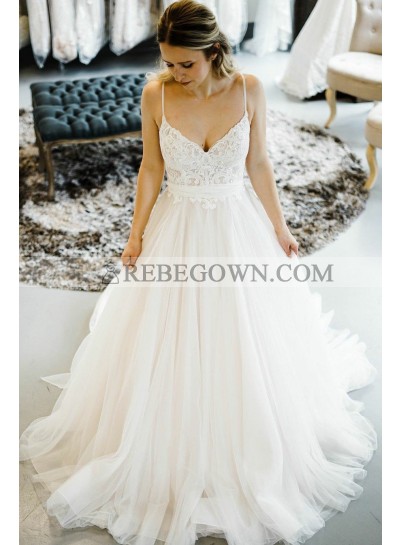 2023 Elegant A Line Sweetheart Spaghetti Straps Lace Tulle Ivory Wedding Dresses