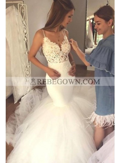 2023 Charming Mermaid  Sweetheart Spaghetti Straps Long Backless Tulle Wedding Dresses