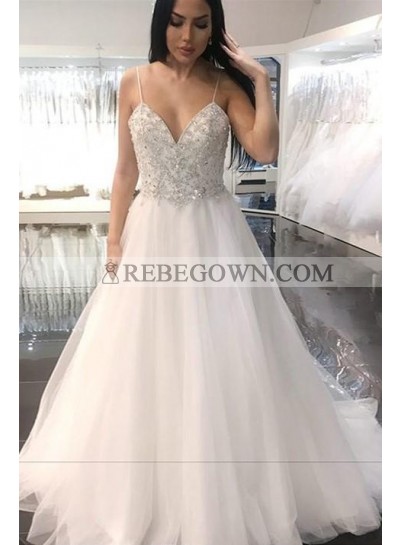 2023 New Arrival A Line Sweetheart Beaded Tulle Spaghetti Straps Backless Wedding Dresses