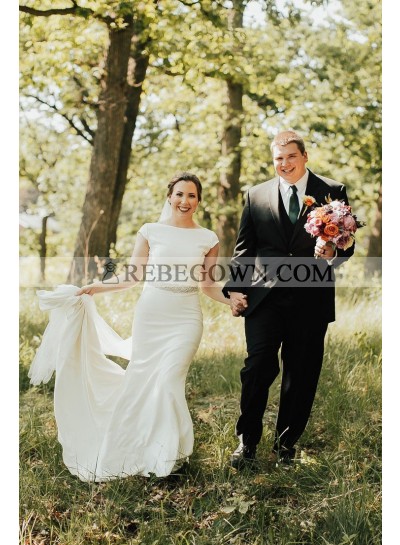 2023 Charming Satin Sheath Capped Sleeves Long Ivory Wedding Dresses