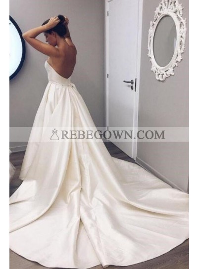 2023 Simple A Line Sweetheart Beige Satin Backless Long Wedding Dresses