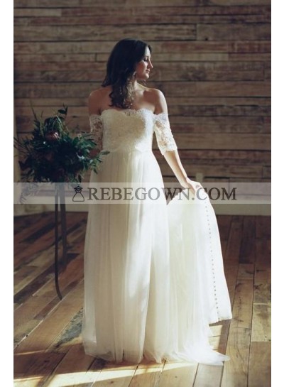 2023 New A Line Tulle Off Shoulder Long Sleeves Lace Floor Length Wedding Dresses