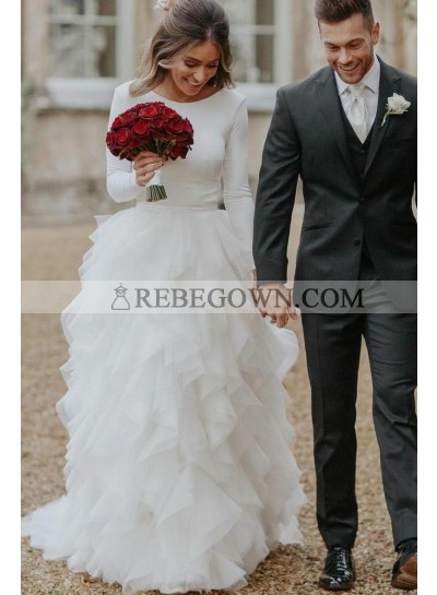 2023 Elegant A Line Long Sleeves Crew Neck White Tulle Layered Pleated Backless Wedding Dresses