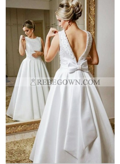 Classic Satin A Line Backless Bowknot Beaded Floor Length Wedding Dresses 2023