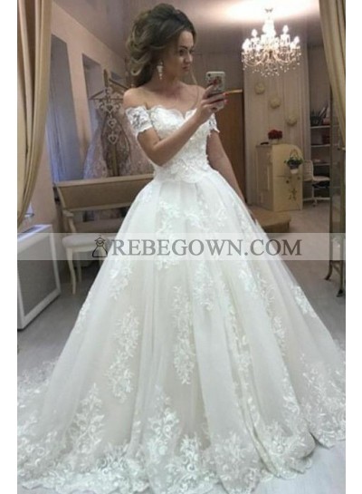 A Line Off Shoulder Lace Long Ivory Sweetheart Wedding Dresses 2023 With Short Sleeves