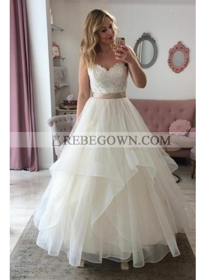 Elegant A Line Sweetheart Organza Ivory Lace Wedding Dresses With Belt 2023