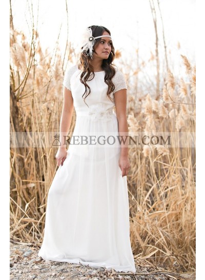 Cheap A Line Chiffon Short Sleeves Floor Length Outdoor Wedding Dresses