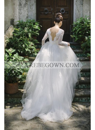 2023 New Arrival A Line Tulle Sweetheart Long Sleeves Backless Wedding Dresses