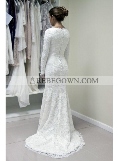 2023 New Arrival Long Sleeves Lace Sheath Back Zipper Buttons Crew Neck Wedding Dresses