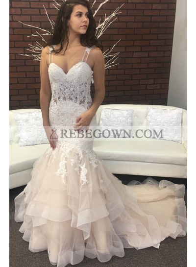 Sexy Mermaid  Tulle Sweetheart Lace Layered Champagne Wedding Dresses 2023