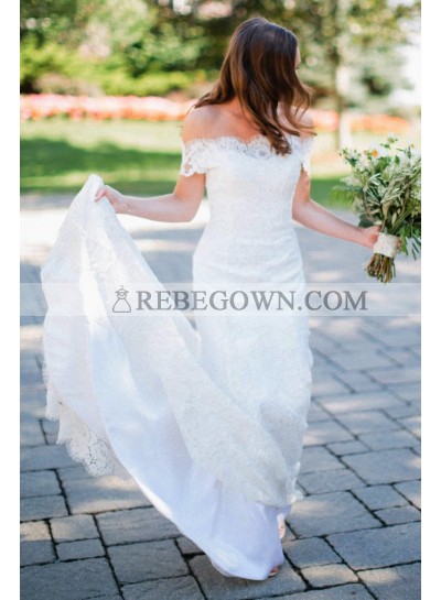 2023 Elegant Off Shoulder Long Train Ivory Lace Sheath Wedding Dresses