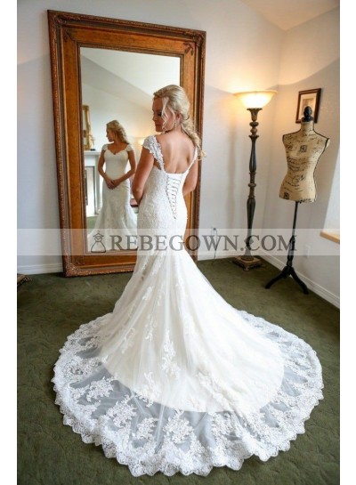2023 Charming Ivory Sheath Lace Up Back Sweetheart With Capped Sleeves Lace Wedding Dresses