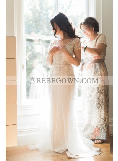 Charming V Neck Sheath Ivory Capped Sleeves Beaded Tulle Wedding Dresses 2023