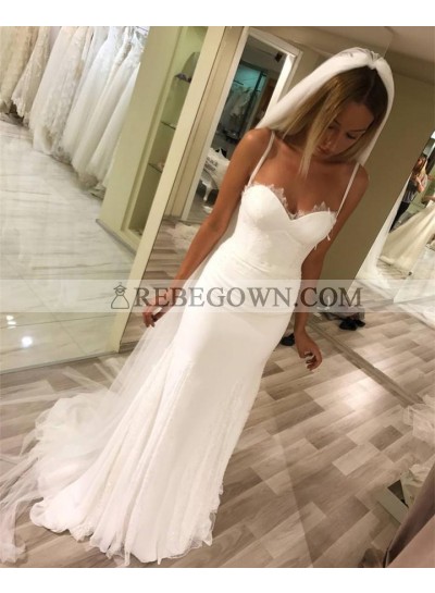 2023 Newly Sheath White Floor Length Chiffon Sweetheart Spaghetti Straps Wedding Dresses