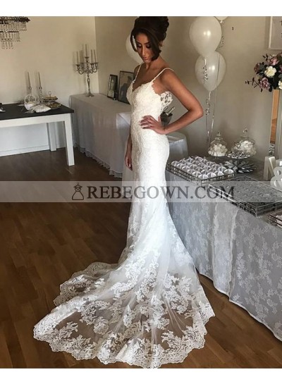 White Sheath Sweetheart Spaghetti Straps Long Lace Wedding Dresses 2023