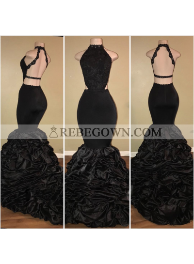 Sexy Black Backless Mermaid  Ruffles Tiered African Long Lace Prom Dresses 2023